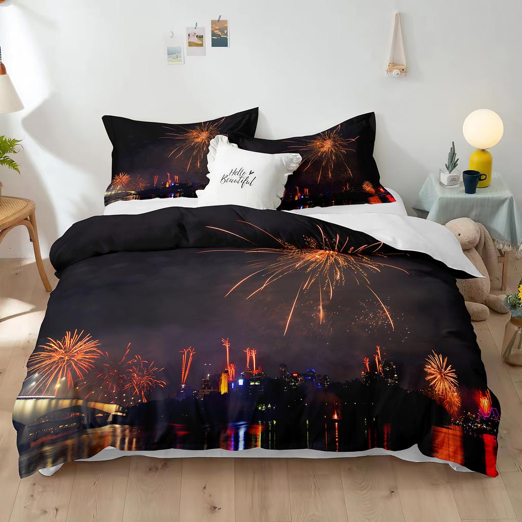 Blue Fireworks Duvet Cover Set 3D Romantic Theme Beautiful City Night New Year Festival Accessories for Kids Teens Bedroom Decor