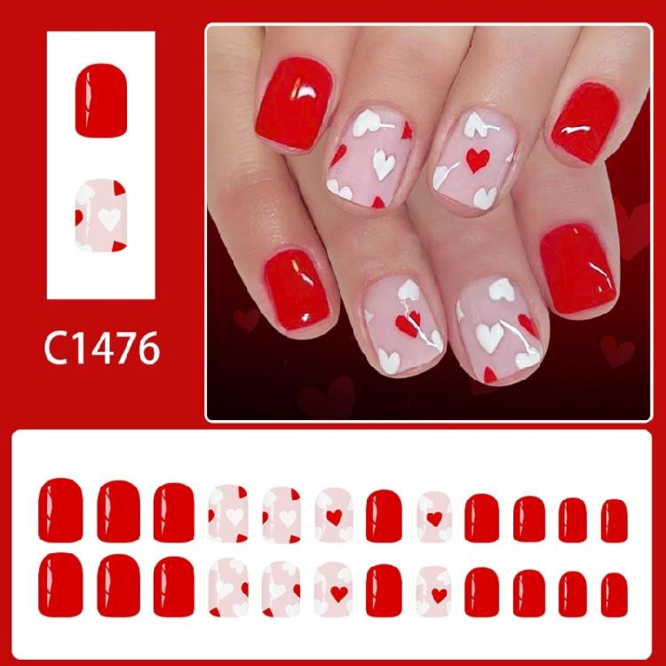 24pz Unghie Finte Press On Quadrata Corte per San Valentino con Carini Disegni a Cuore Materiale ABS