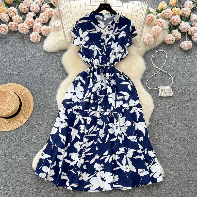 French Sweet Gentle V-neck Floral Chiffon Dress Women's Summer Tight Waist Elegant Slim Looking Vacation Style Fairy Dress