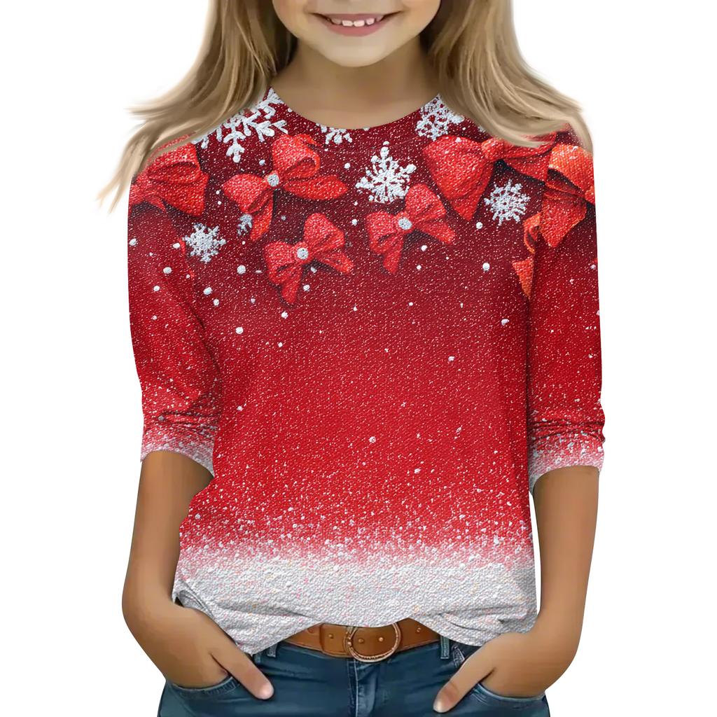 Christmas Day Print Tops For Youth Girls 4-11 Years Round Neck 3/4 Sleeves T-Shirts Trendy Tops Outfit Tees