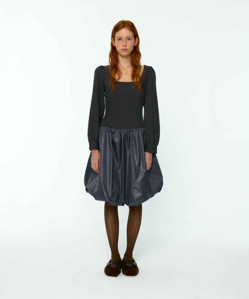 Lulu Seoul Rosy Balloon Shirring Midi Dress (Gray)