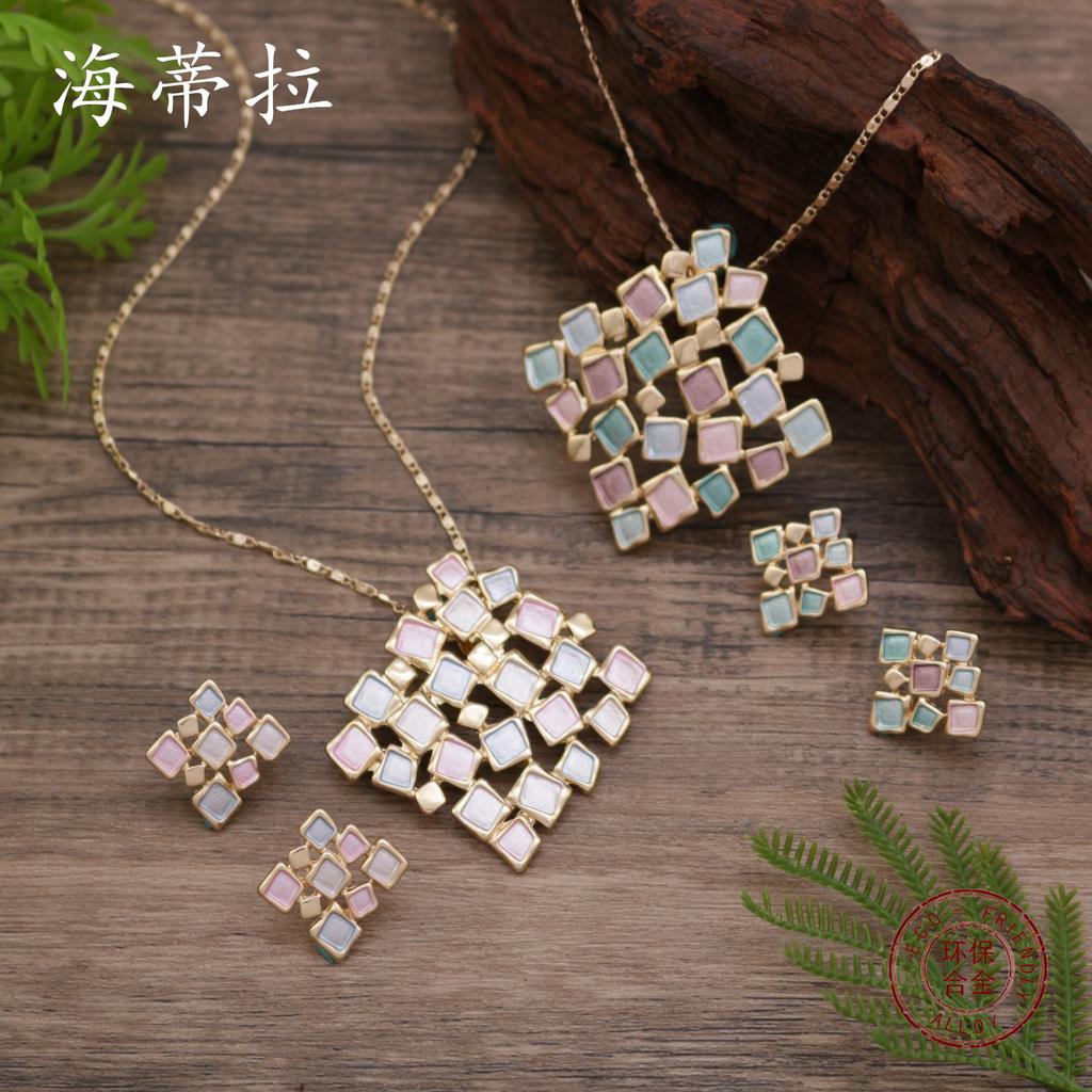 New enamel color hollow square stud earrings pendant set women's high-end geometric square necklace