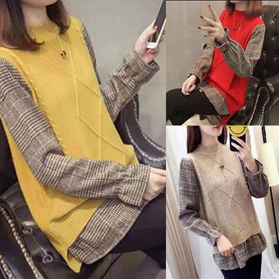 Women's Winter Fake Two-Piece Knitted Sweaters College Wind Long Sleeve Pullovers Loose Patchwork Designer Sweaters Tops