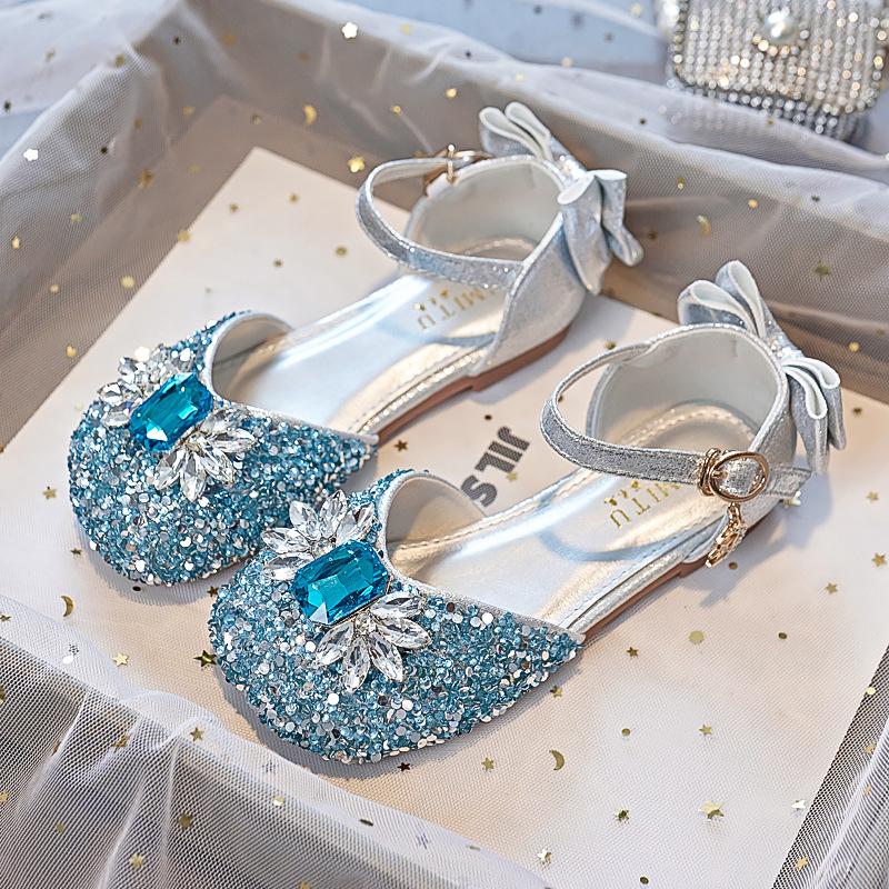 Girls princess shoes 2025 new silver soft sole children's crystal shoes summer bag head rhinestone girls shoes performance shoes