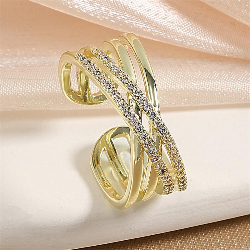 Zircon Double Crossed Shape Rings For Women Gold Plated Stainless Steel Cross Ring Luxury Wedding Couple Rings Aesthetic Jewerly
