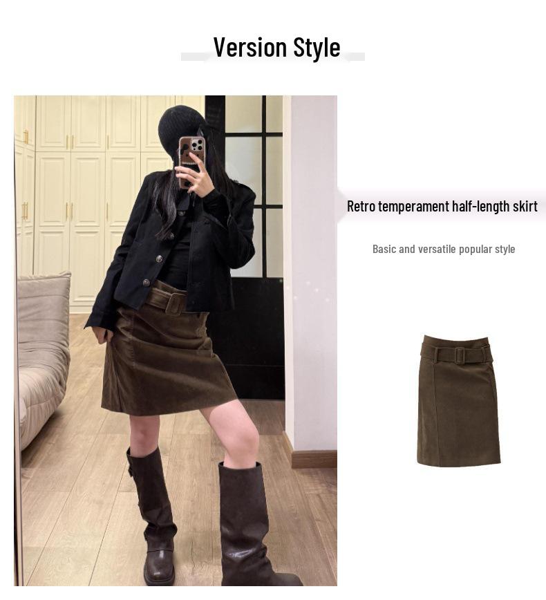 Retro Spicy Girl High-Waisted Suede A-Line Midi Skirt - Autumn Trend