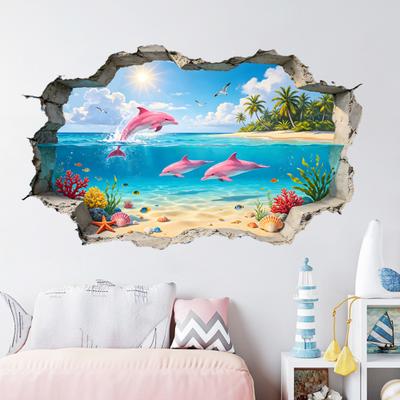 2 Pezzi Adesivi Murali 3D Spiaggia Mare, Delfino Oceano Gabbiano Palma Adesivo Murale per Bambini Piccoli Camera da Letto, Soggiorno, Asilo