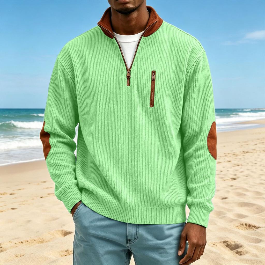 Men's Corduroy Stand Up Collar Sweater Casual Top with Chest Zipper Pocket and Cuff Patches