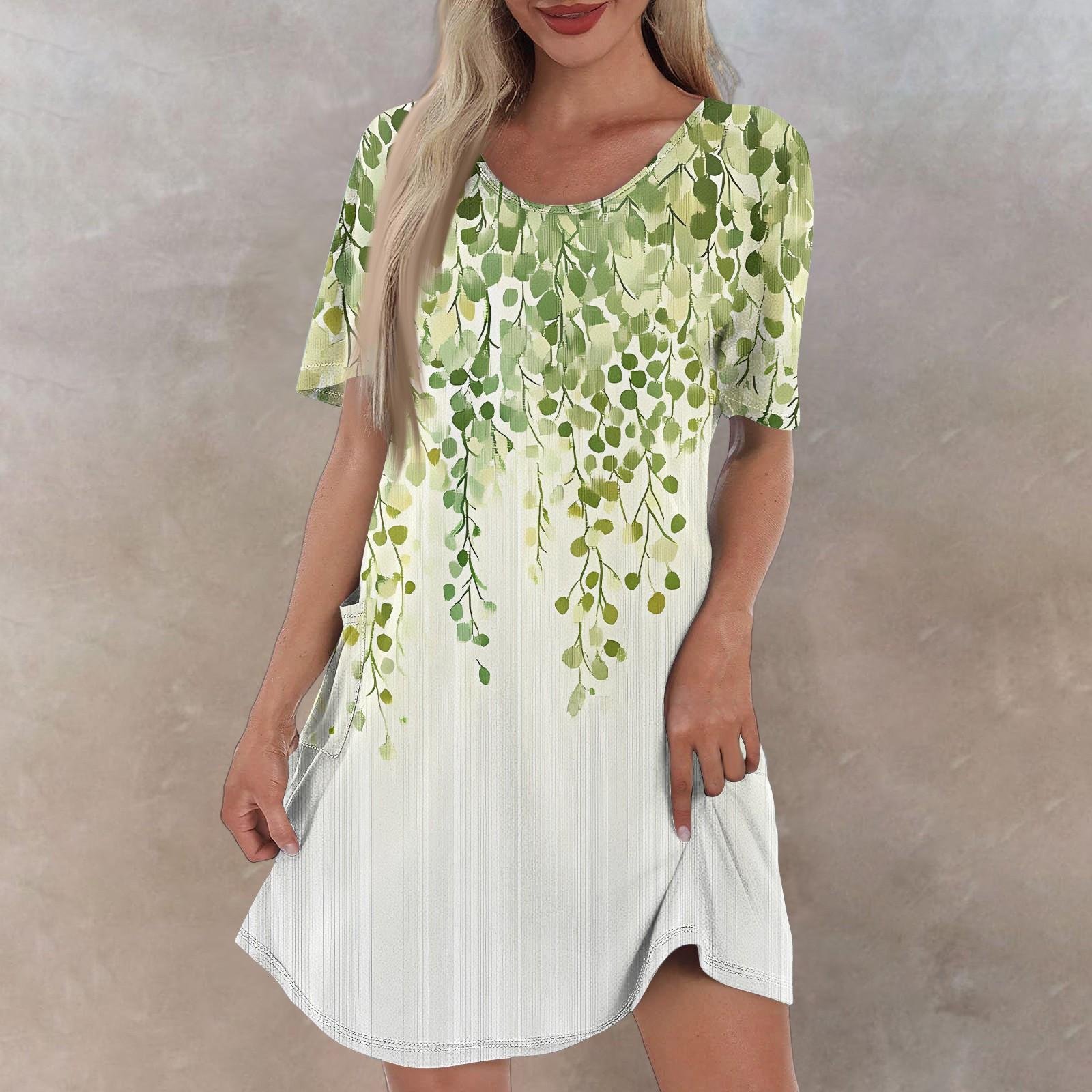 

Женское повседневное и модное платье средней длины с V-образным вырезом и коротким рукавом с принтом XXXL зелёный