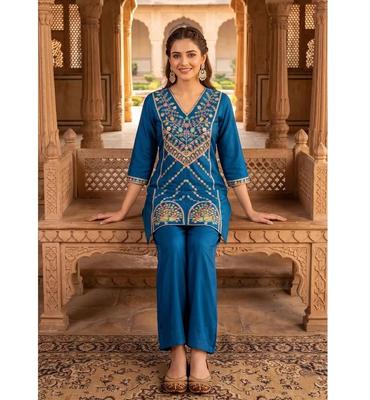 Women Polyester Ethnic Top Pant Set Party Wear Bollywood Tunic Kurti Cord Set Dress