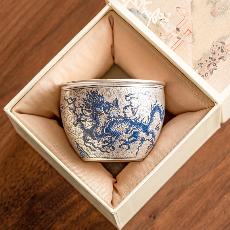 Gilded Silver Blue White Porcelain Dragon Tea Cup Feng Shui Master Cup Handmade Ceramic Gongfu Tea Tasting Cup for Home Decor