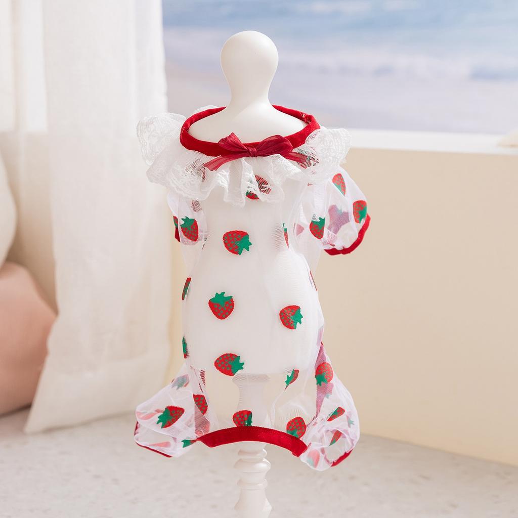 Puppy Insect Proof Jumpsuit Summer Breathable Mesh Dog Clothes Teddy Strawberry Pattern Four Legged Clothing Cuter Bichon Cover