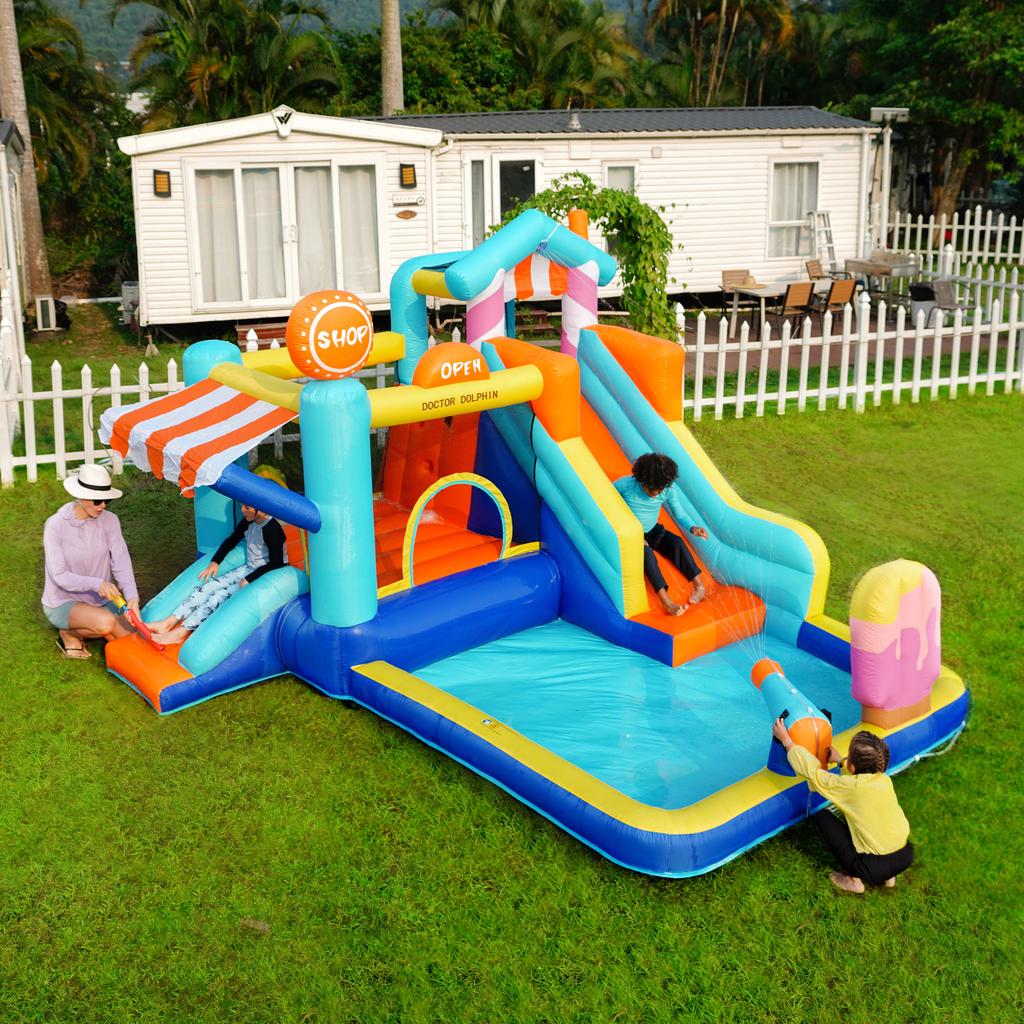 [With Blower] Children's Bounce House, Multifunctional Outdoor Water Park + Trampoline, Water Slide, Small Slide, Fountain, Water Guns, Store Awning