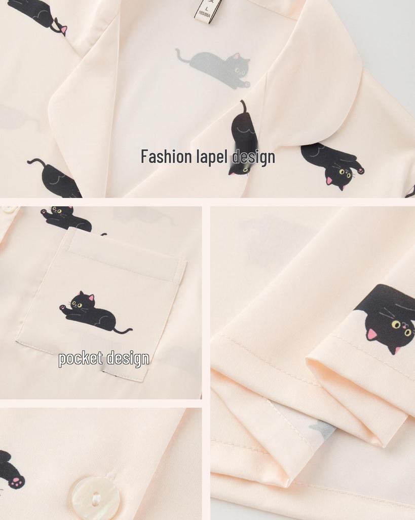 Damen-Eis-Seiden-Pyjama-Set mit Katzenmuster, langärmelig, für Frühling/Sommer - Koreanischer Stil für zierliche Frauen