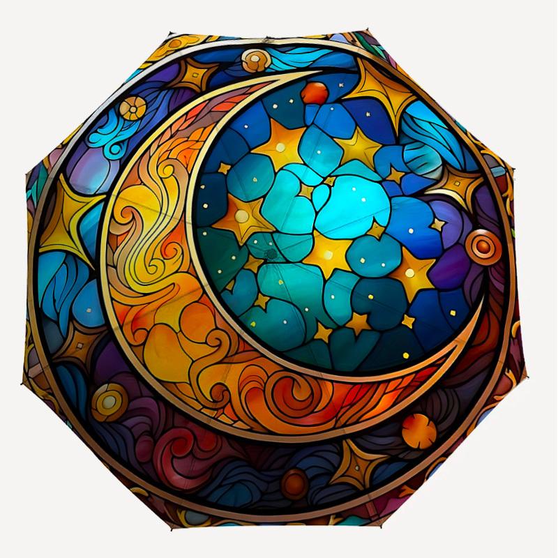 1PC Stained Glass Moon Stars Automatic Open/Close Umbrella with Windproof, 8-Rib Sturdy Canopy, Durable Ribs, Fashionable Design1371A