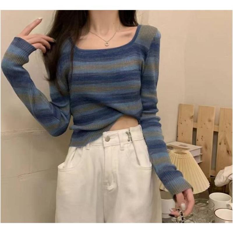 Square-neck Striped Long-sleeved Knitted Base Layer, A New Slimming and Form-fitting Short Top for Women In Autumn and Winter