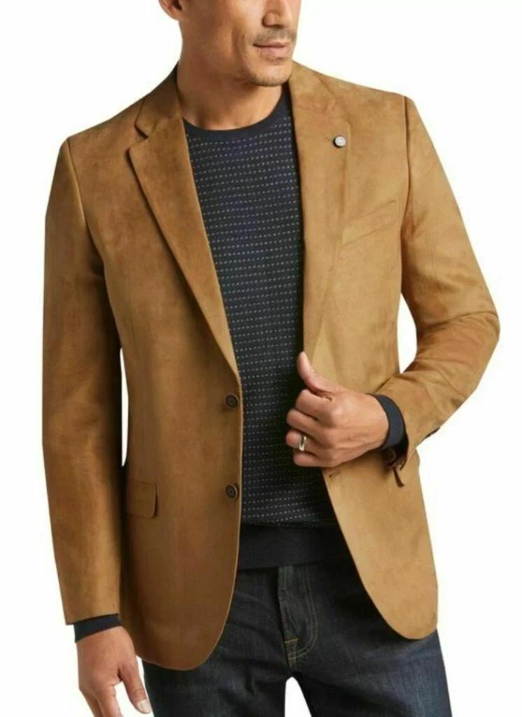 Men's Blazer Leather Suede Brown Two-Button Handmade Genuine Lambskin Formal Soft