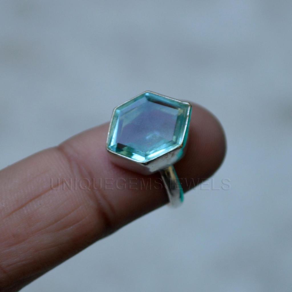 Hexagon Shape Aquamarine Quartz 925 Sterling Silver Ring Jewelry, Light Aquamarine Statement Wedding Gift Ring