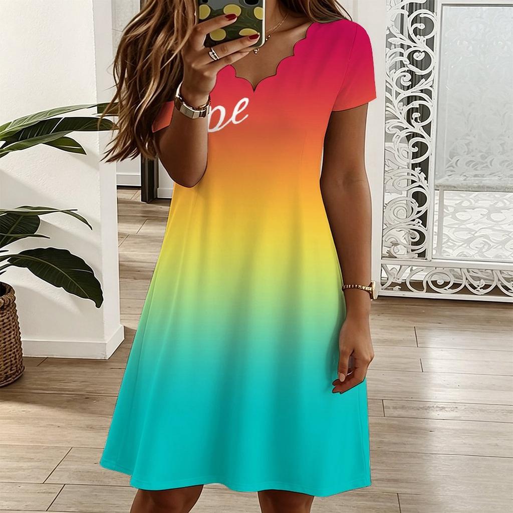 Ladies V Neck Elegant Tulip Cluster Plus Size Short Sleeve Summer Loose Dress