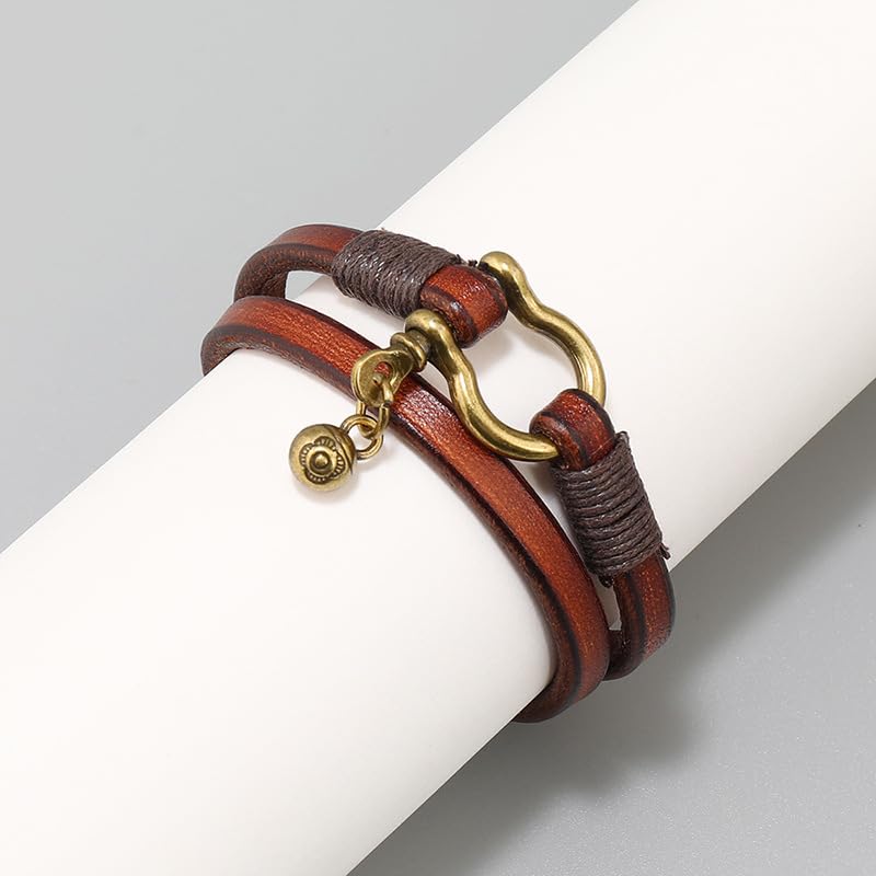 Rockyu Leather Horseshoe Vintage Wrist Birthday Gift Men's Bracelet, Double-Row, Simple, Buckle, Style, Handmade, Stylish, Gift, Accessory, (Brown)