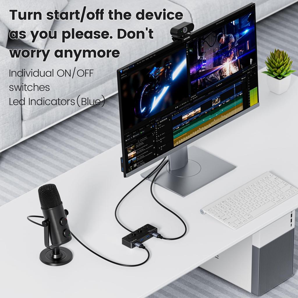 Qeefun USB Hub with Individual LED Power 10Gbps Data Extension Multiple USB Extender for USB Flash and More 4-Port 3.2 Switch, Transfer, 1.2M Cable,