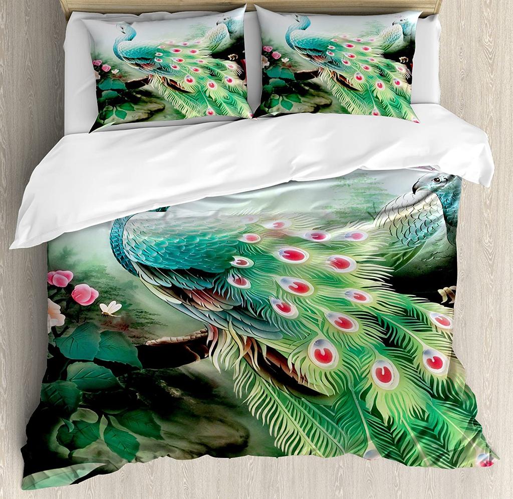 Peacock Bedding Set Peacock Tail Feathers Tropical Exotic A 3pcs Duvet Cover Set Bed Set Quilt Cover Pillow Case Comforter Cover