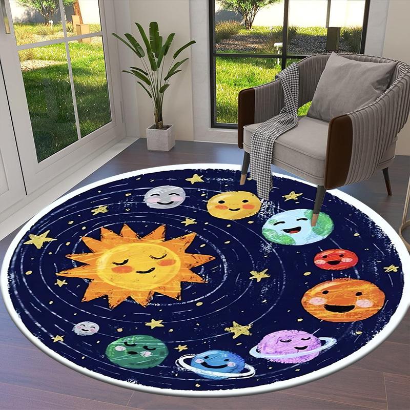 1pc Solar System Planets Cartoon Round Carpet, Made of Polyester,Office Chairs, Living Rooms, Or Bedrooms, a Cool Rug for The Living Room.ydt26072