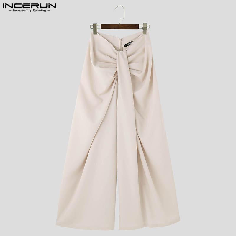 INCERUN Men Zipper Waist Long Pants Casual Twisted Wide Leg Trousers