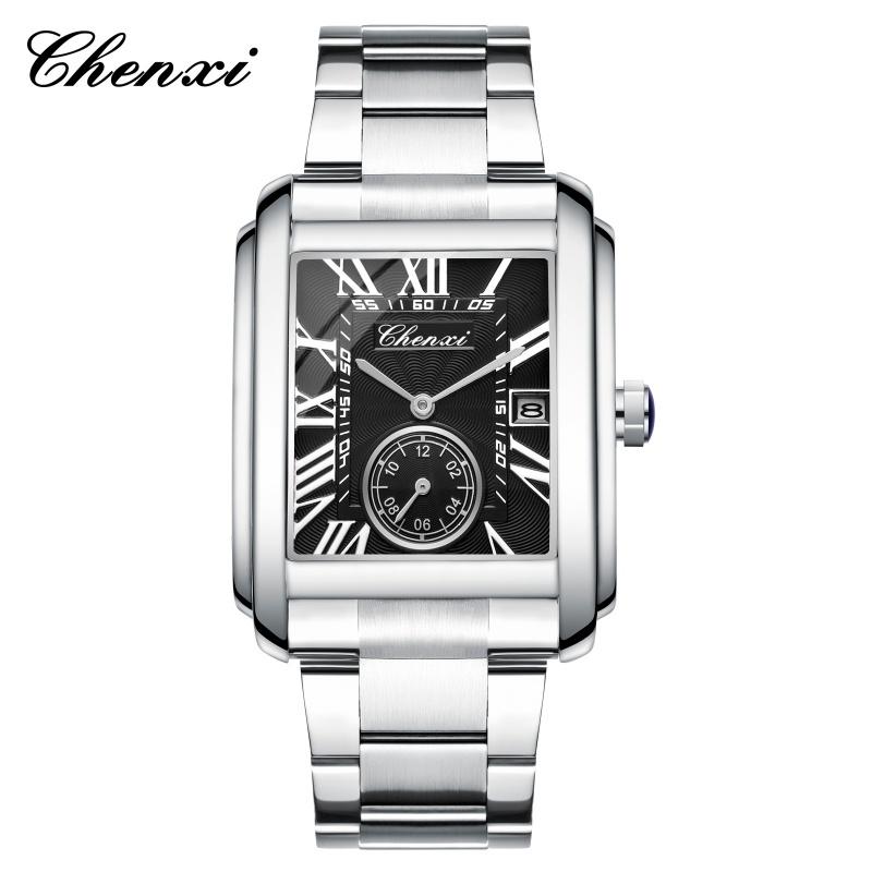 CHENXI 8216 Men's Quartz Watches Fashion Business Simple Silvery Stainless Steel Strap Square Wristwatches for Male Gift