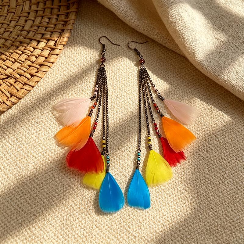Orecchini Bohemien Vintage Foglia Piuma - Ganci ad Anello a Catena Lunga Stile Etnico per Donna