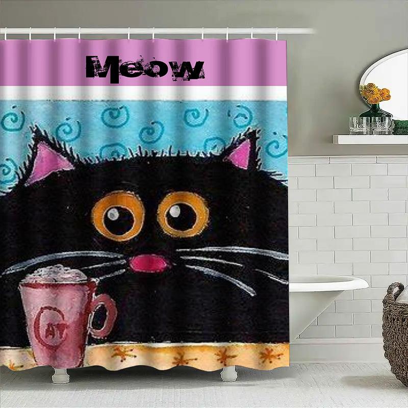 Whimsical Cat Shower Curtain Set With Meow Text For Bathroom Decor Black Furry Kitten Pattern Bath Mat Mug Cup Holder Perfect Gi