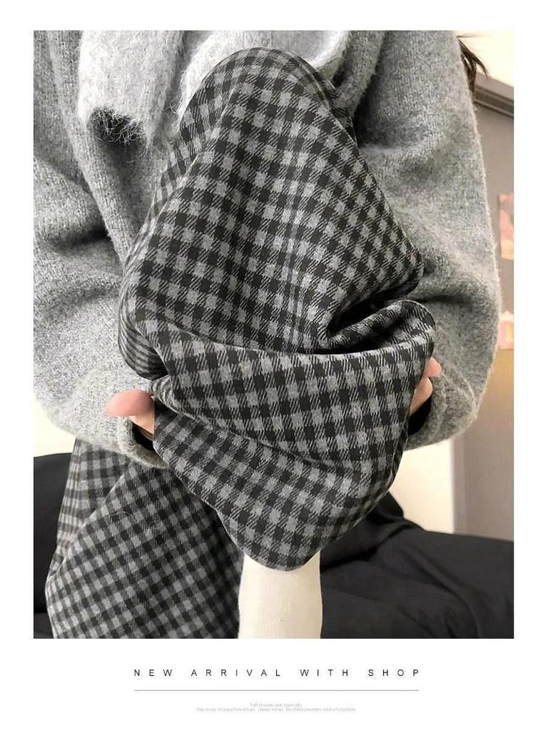 Women's High-Waisted Black & Gray Plaid Wide-Leg Pants - Slimming Casual Fit, Autumn/Winter Collection, Petite Size, Plus Velvet.
