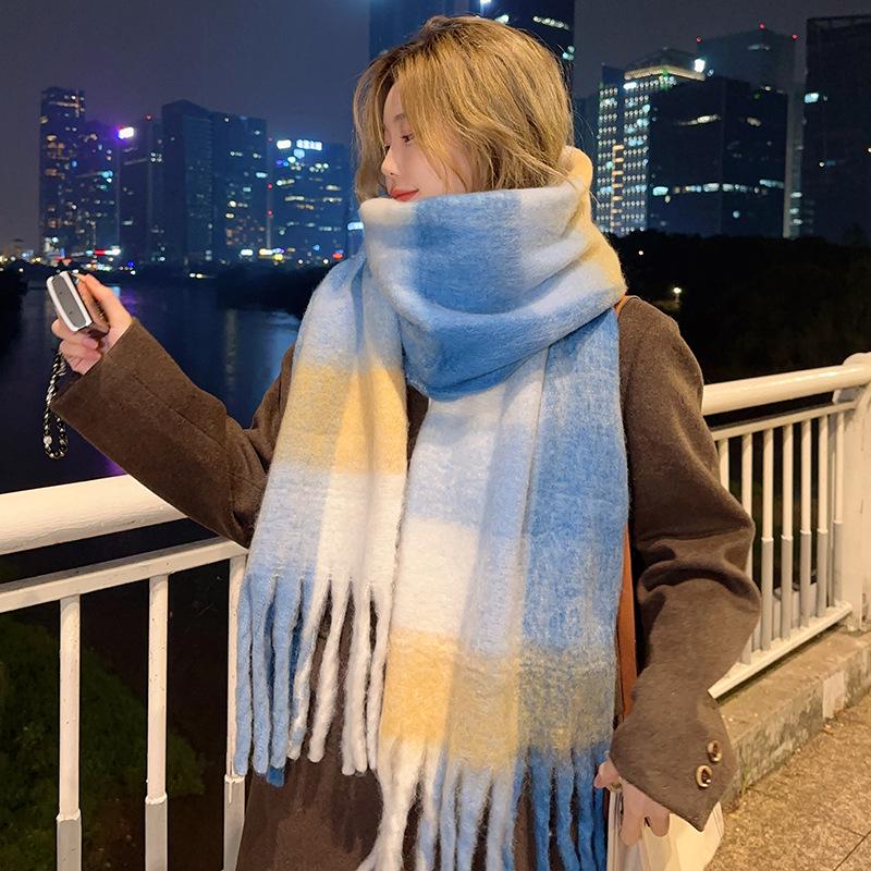 Rainbow Mohair Plaid Scarf - Thick, Chunky, Warm Winter Tassel Neck Warmer in Four Colors