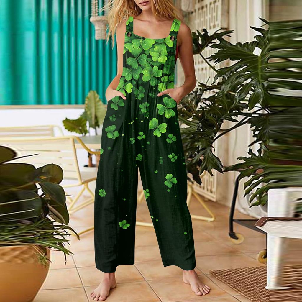 Women's leaf-printed casual loose retro overalls cotton and linen jumpsuits