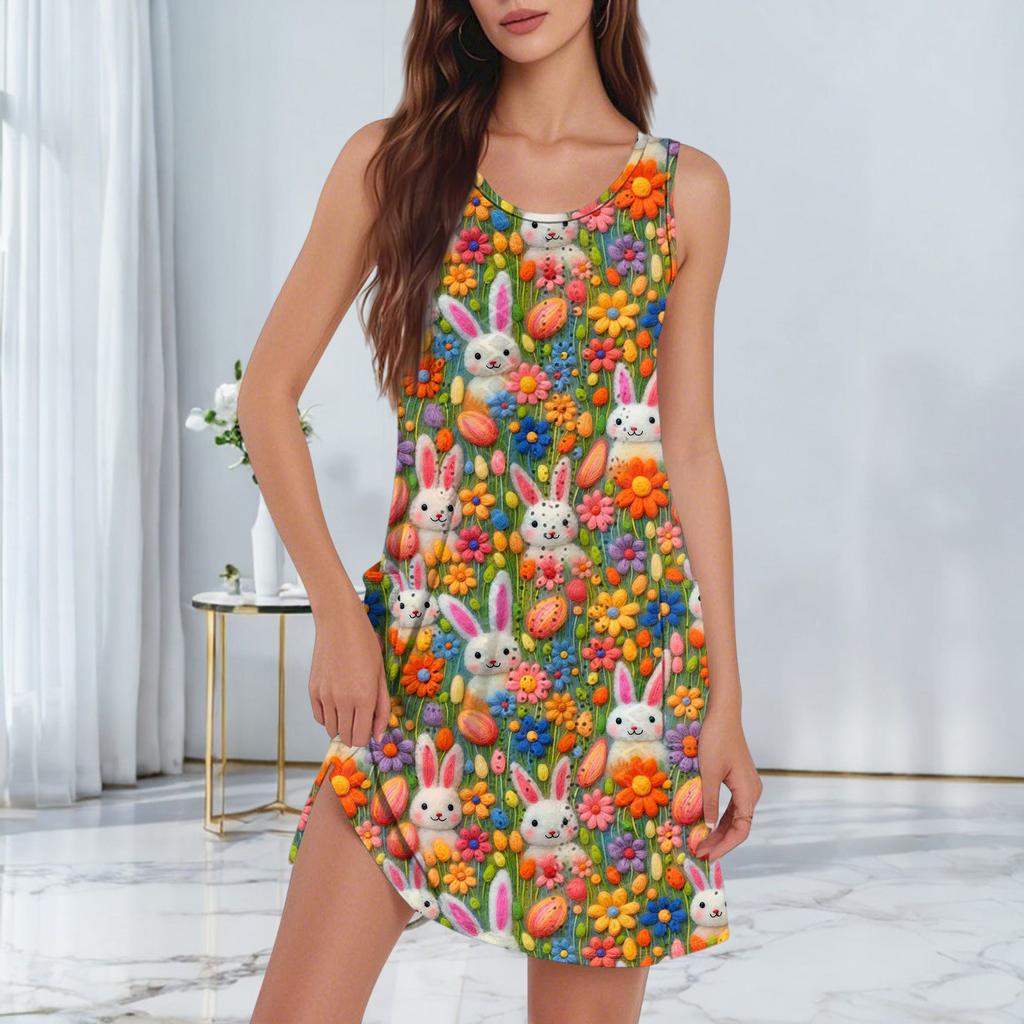 Damen Lässiges Modisches Atmungsaktives Bedrucktes Trägerkleid Mit Taschen Und Geschlitztem Saum