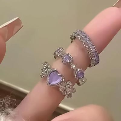 New  Purple Crystal Irregular Heart Rings for Women  Creative Heart Geometric Open Ring Punk Vintage Fashion