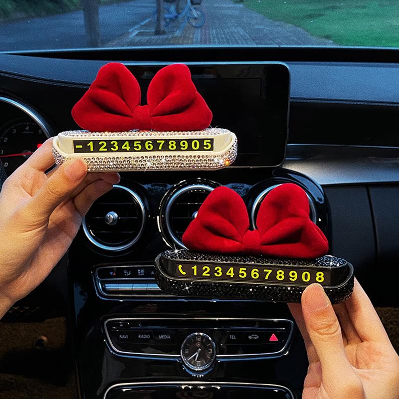 Yaratıcı Kırmızı Fiyonklu Araba Geçici Park Kartı Telefon Numarası Kartı Plaka Telefon Numarası Kartı Yapay Elmaslı Araba Çıkartmaları Dekro