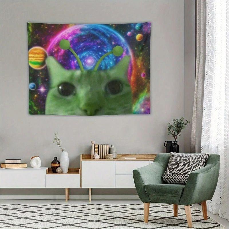 Alien Cat Starry Sky Tapestry Sci-Fi Cute Style, Fun Wall Art for Boys Room Background Decoration