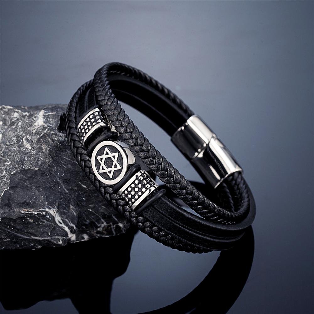 Ретро Норвежская Звезда Давида Браслет Нержавеющая Сталь Шестиконечная Звезда Амулет Кожаный Ремешок Еврейские Украшения для Мужчин 19cm