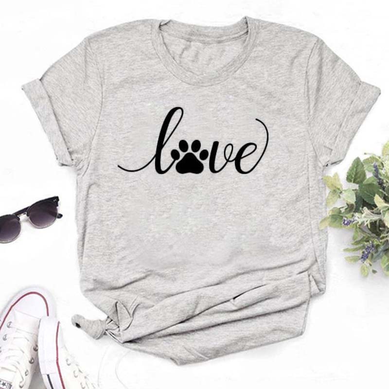 Women Dogs Paws Love Heart Printed T-shirts Fashion Summer Short Sleeve Lady Womens Clothes Tops T-Shirt Black Shirt Tees Female