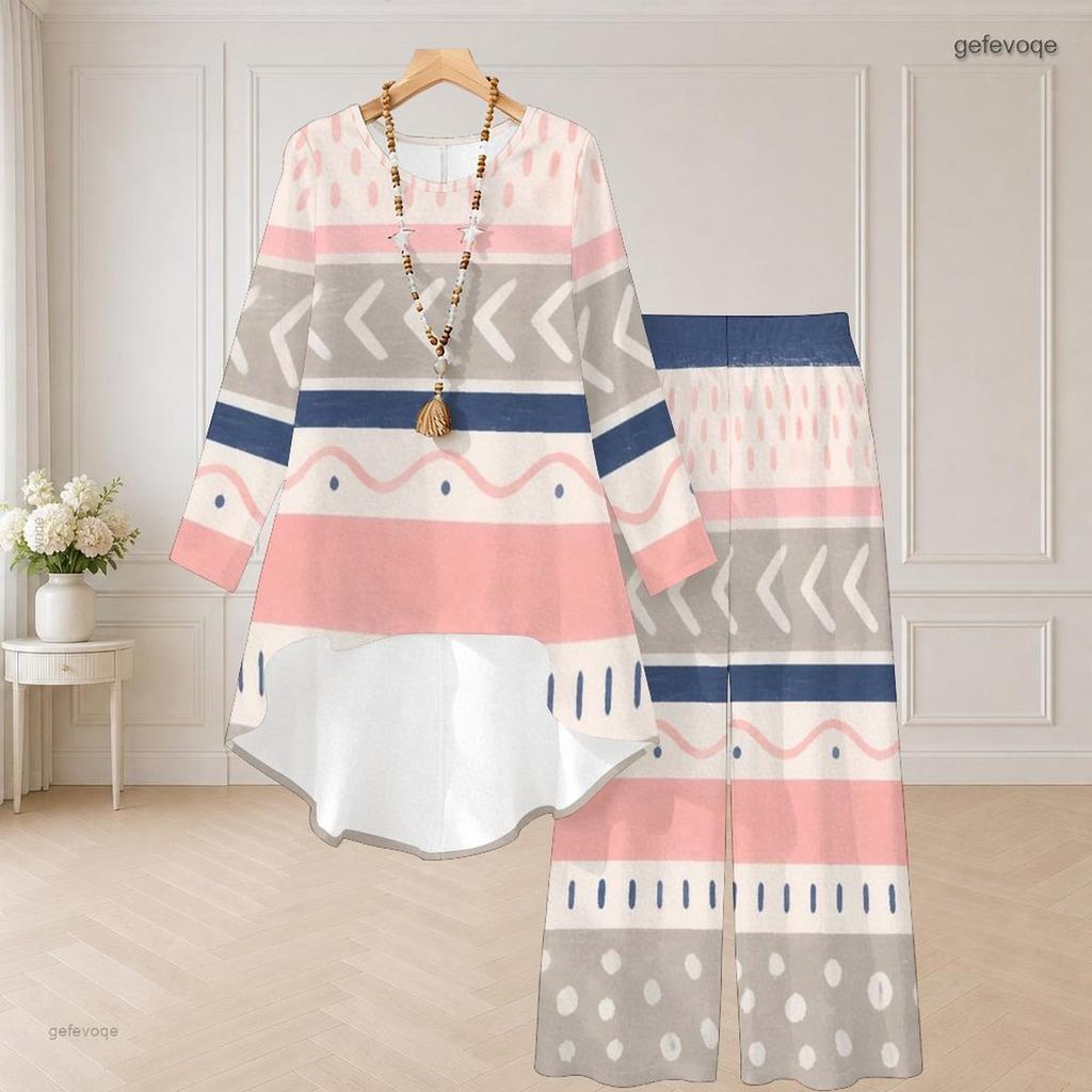Women Plus Size Round Neck Long Sleeve Printed High Low Top Wide Leg Pants Two Piece Set