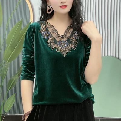 Women's Velvet Blouse Rhinestone V-neck Plus-size Blouse Spring and Autumn Velvet Long-sleeve T-shirt