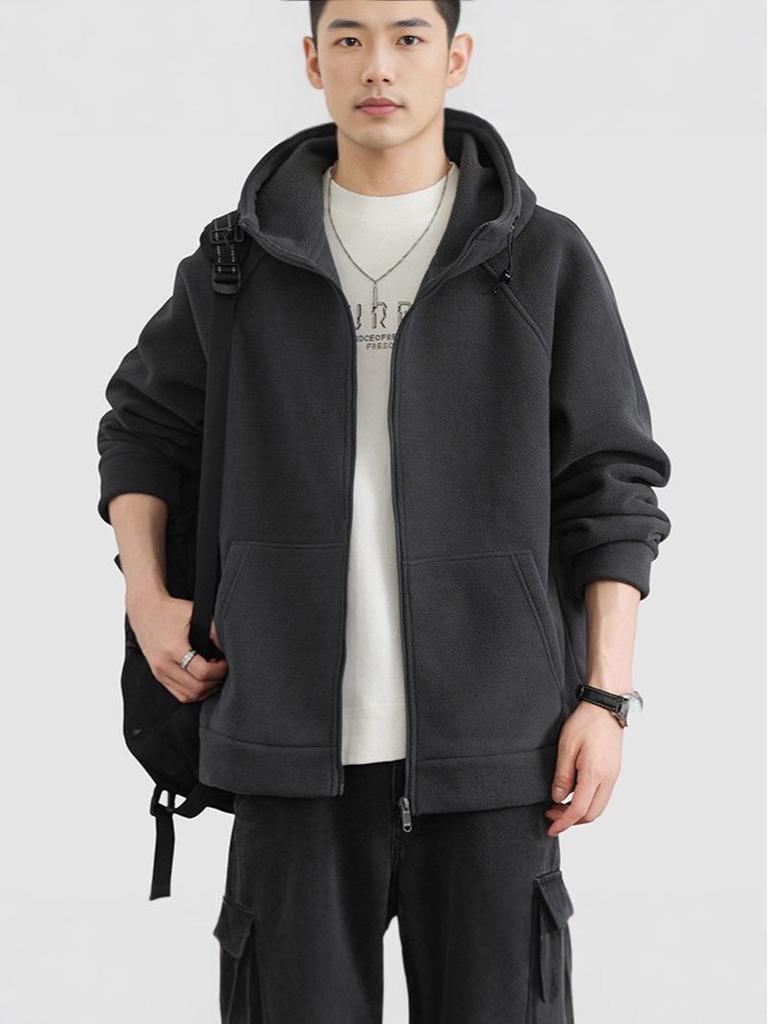 Męska jesienno-zimowa kurtka z kapturem z dwustronnego polaru