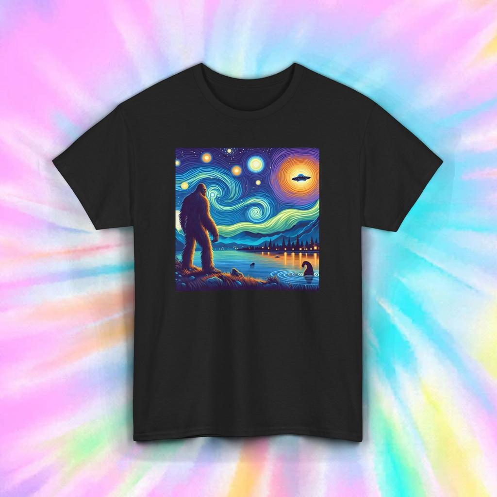Bigfoot Starry Night UFO Lake Ness Monster Cryptid Art Shirt S-5XL