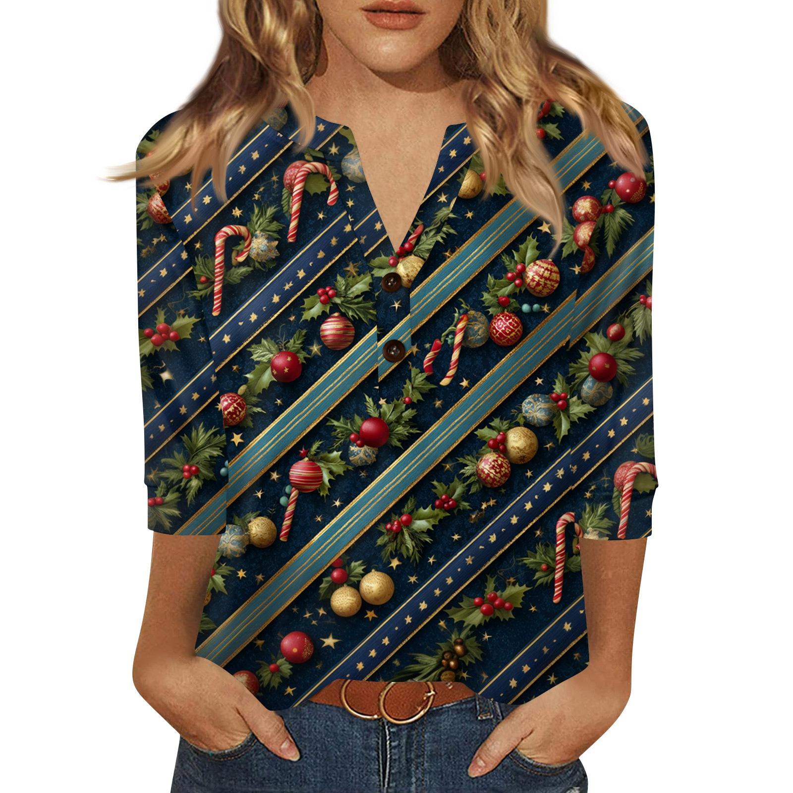 

Жен. Футболка С принтом Пуговицы Рукав 3/4 Повседневные Выходные Мода Классический Классический V-образный вырез Обычный Верх L тёмно-синий