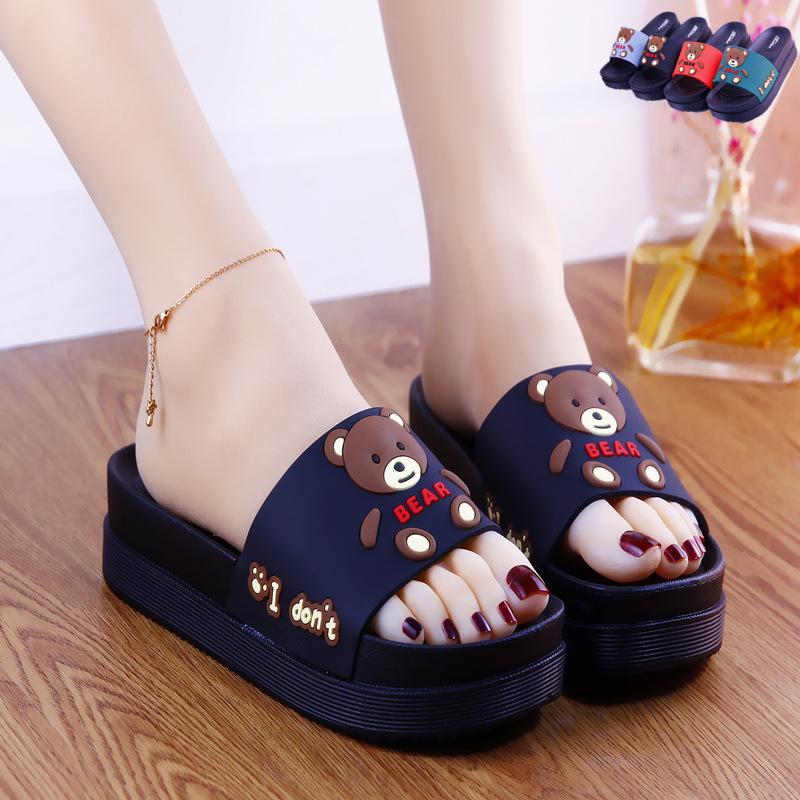 2024 New Summer High-heeled Thick Soled Slippers Women's Cute Cartoon Bear Heightening Sandals Shoes Woman Heels Summer Slipper