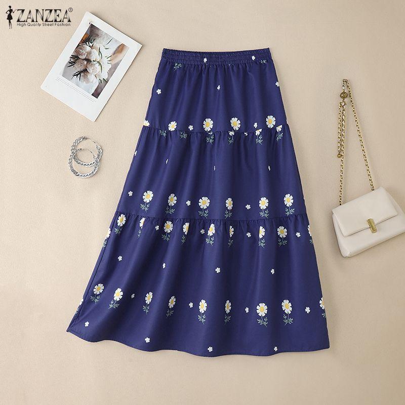 ZANZEA Women Casual Elastic Waist Loose Floral Print Skirts