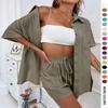 Women's Loose Fit Two-Piece Outfit Set Short Sleeve Button Down Shirt Drawstring Waist Shorts