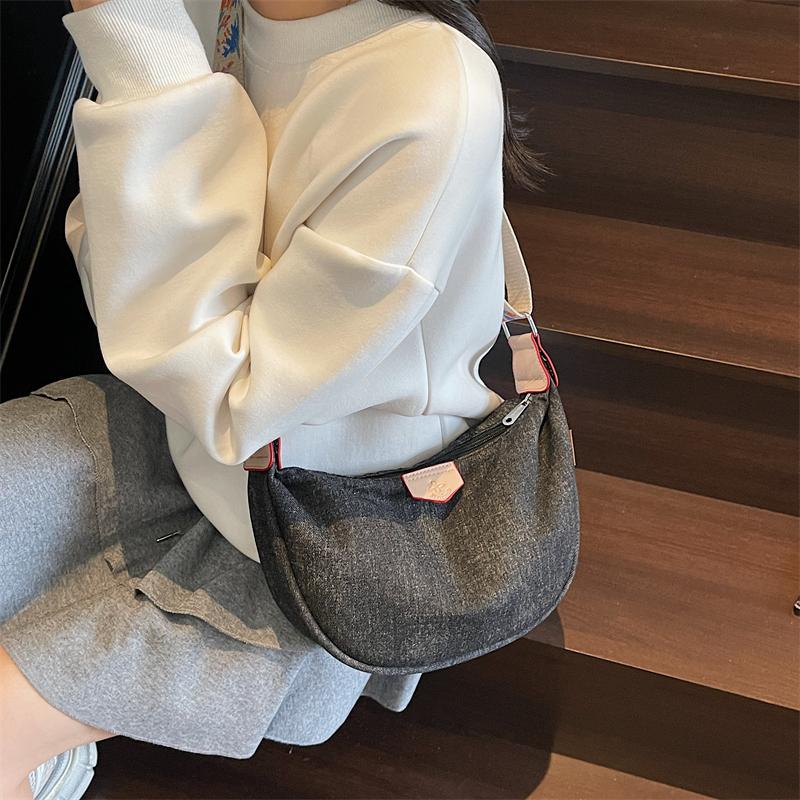 Denim Moon Bag with Colorful Strap Women's Crossbody Bag Fashionable Shoulder Bag Casual Daily Use Design