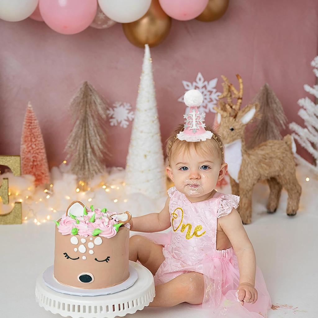 Winter Onederland 1st Birthday Hat - Pink Snowflake First Birthday Cone Hat, Winter Wonderland Party Supplies Decor for Girl, Snowflake Photo Props